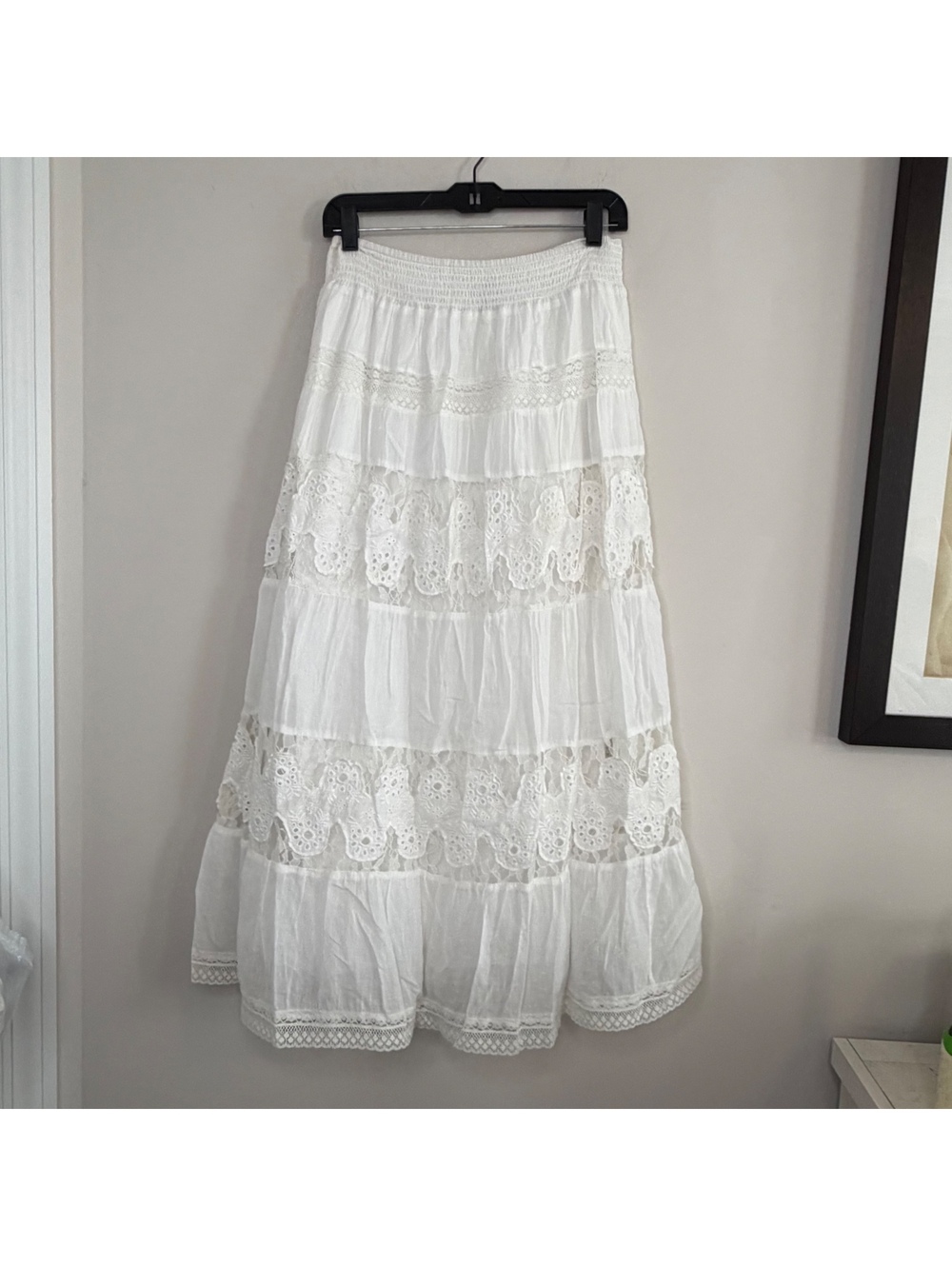 White Tiered Lace Maxi Skirt Boho Cottagecore Prairie Beach Festival
